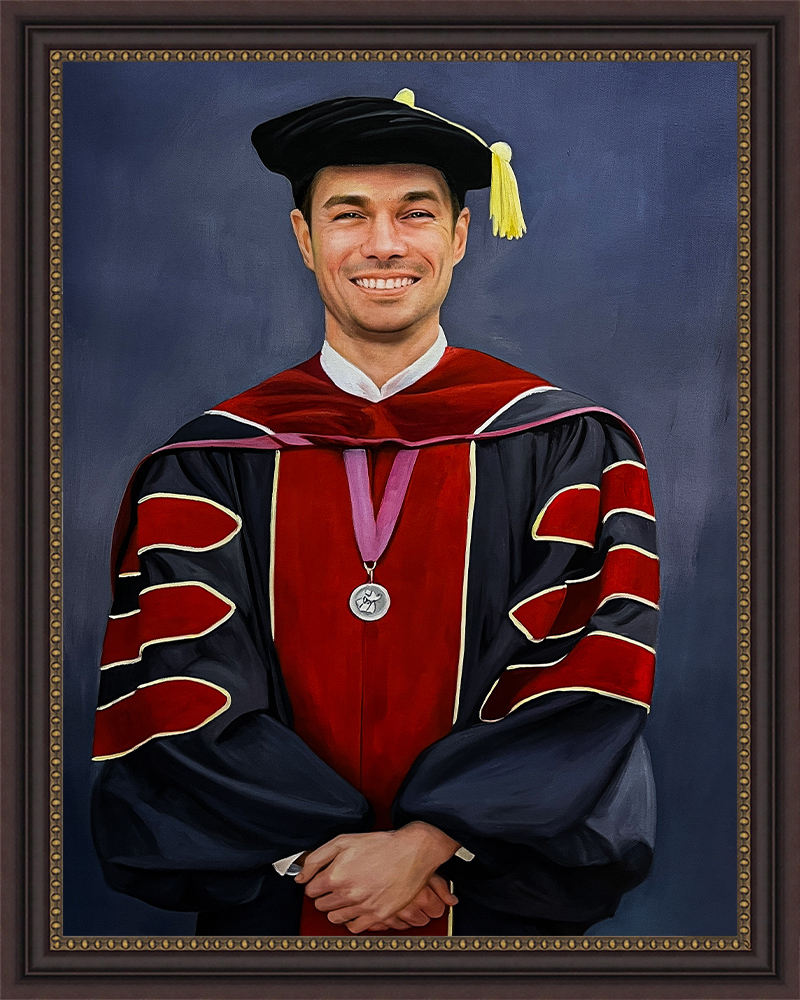 Acrylic painting of a man in graduation cap and gown wearing a medal